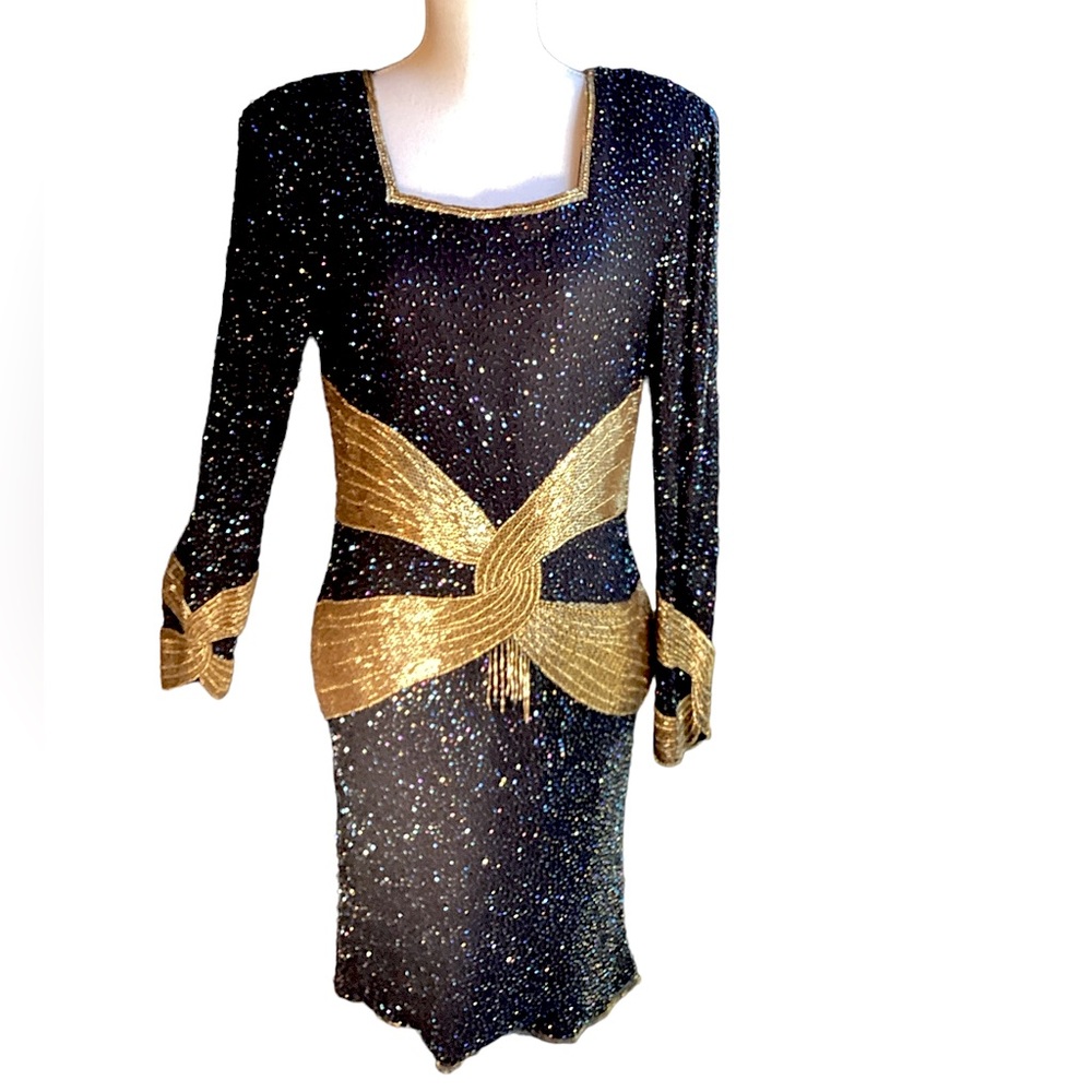Vintage 1980’s Black Silk Gold Beaded Cocktail Dress. (MC)